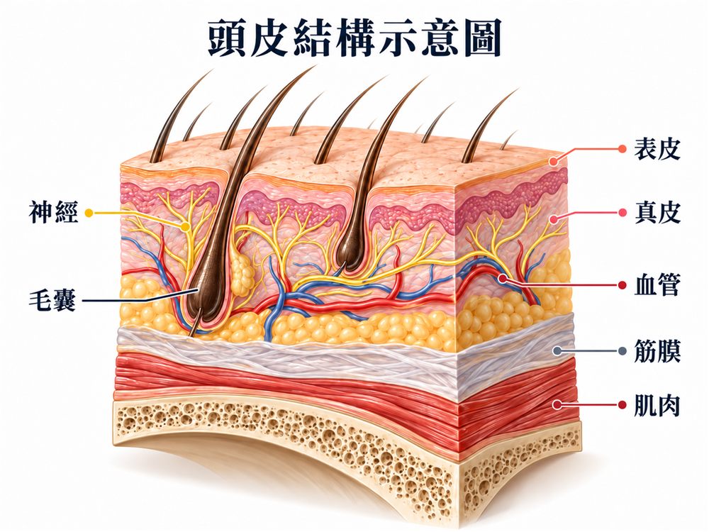 頭皮結構示意圖：表皮、真皮、血管、神經、毛囊、筋膜與肌肉